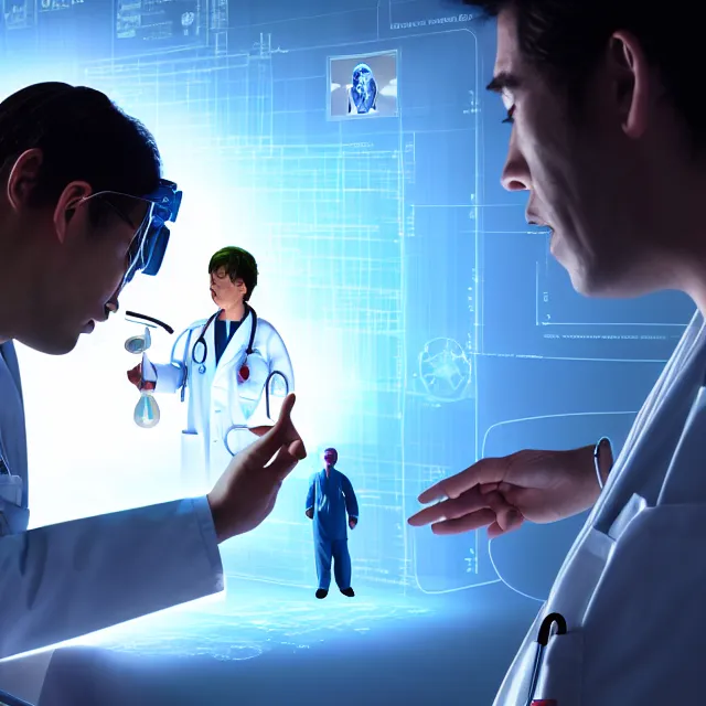 Image similar to temporal leakage temporal leakage movie poster, a photo of a doctor diagnosing a patient highly detailed, octane render by tomino sama