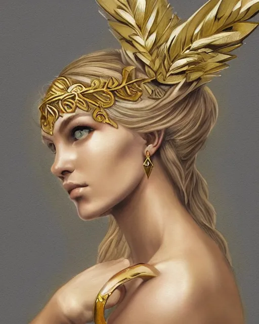 Image similar to tattoo sketch of blonde super model aphrodite greek goddess wearing a gold laurel wreath and triangle earrings, beautiful piercing gaze with sharp pupils, in the style of greg rutkowski, fantasy, amazing detail, epic, elegant, smooth, sharp focus, front view