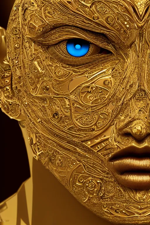 Prompt: an intricate, detailed face of an android, golden skin with embedded gemstones, bright blue eyes, trending on artstation, 4k, art nouveau