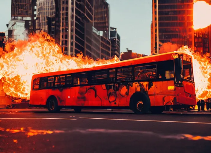 Prompt: a 3 5 mm photo of a city bus with the wheels and engine on fire, splash art, movie still, bokeh, canon 5 0 mm, cinematic lighting, dramatic, film, photography, golden hour, depth of field, award - winning, anamorphic lens flare, 8 k, hyper detailed, 3 5 mm film grain