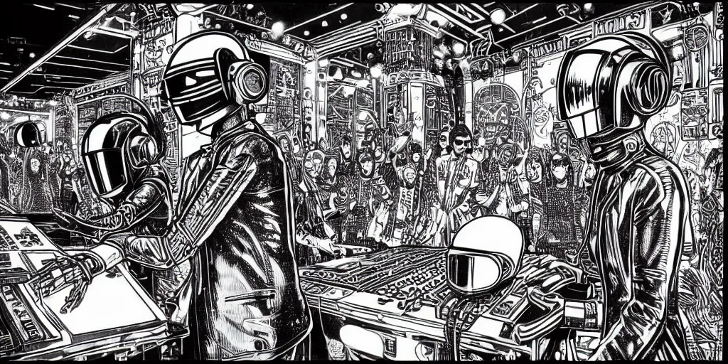 Image similar to intricate detailed artwork of 2 Daft Punk robot rock using dj controller at an underground warehouse rave in Ibiza, playing techno house music, thousands of beautiful girls in bikini dancing, in the style of Moebius, wires, speakers, black and white ink, some ink drips