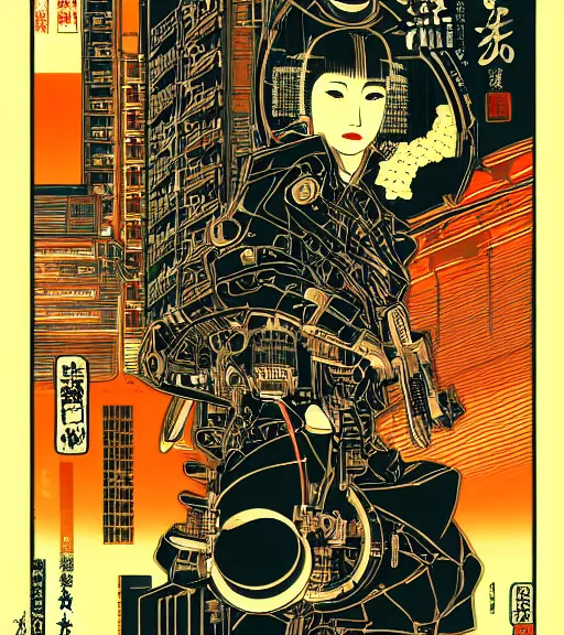 Prompt: futuristic japanese cyberpunk bladerunner silk screen by utagawa yoshiiku, ohara koson, pixiv contest winner, cyberpunk style, cyberpunk color scheme, mechanical, robotic, human machine interface, high resolution, hd