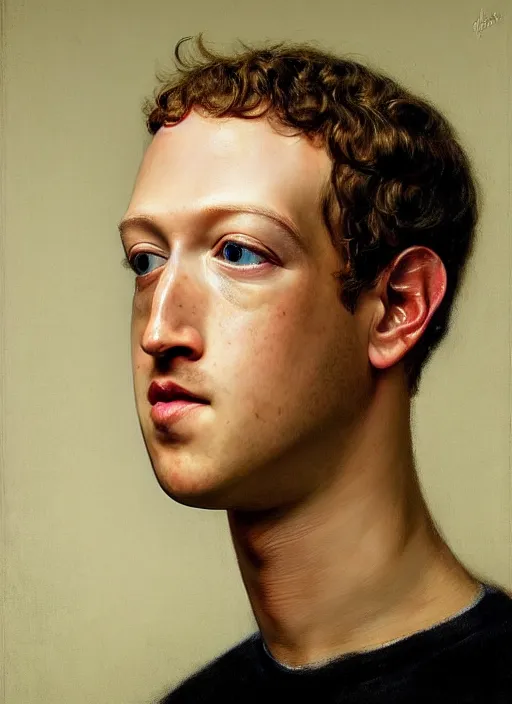 Prompt: A beautiful portrait of Mark Zuckerberg, frontal, digital art by Eugene de Blaas and Peter Xiao, vibrant color scheme, highly detailed, in the style of romanticism