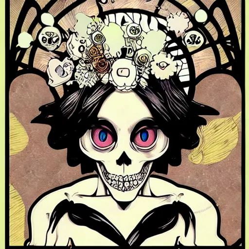 Image similar to anime manga skull portrait cuphead girl disney cartoon skeleton illustration style by Alphonse Mucha pop art nouveau