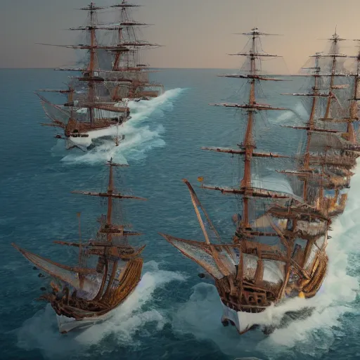 Image similar to 18th century fleet fighting in the open sea, octane render, 3D render, real footage, drone footage, highly detailed, daylight,