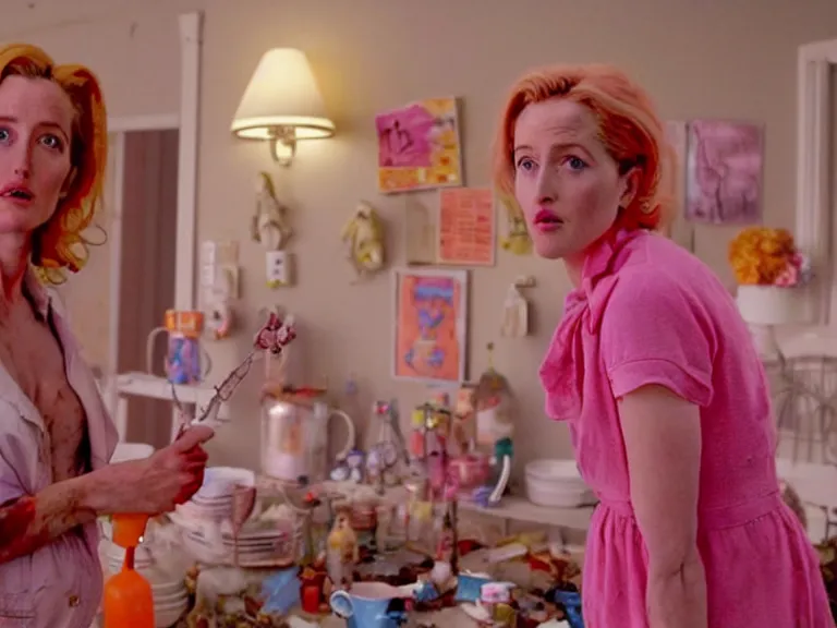 Image similar to a scene from a quirky, bright and cheerful post - apocalyptic movie, starring gillian anderson that fights the dread of the end of the world by decorating the scorched remains of the midwestern town she lives in with kitchy party decorations in shades of pink, orange and silver by director wes andersson and, blue - ray screenshot, filmed by roger deakins