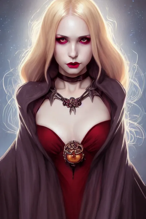 Image similar to Portrait of seductive female necromancer, D&D, revealing stylish dress, red eyes, choker on neck, long blonde hair, mouth slightly open, slight nerdy smile, fantasy, intricate, elegant, highly detailed, digital painting, artstation, concept art, smooth, sharp focus, illustration, art by artgerm and greg rutkowski and alphonse mucha