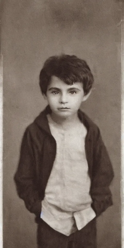 Image similar to Close-up portrait of a young boy looking at the camera, The boy has brown and curled hair, his eyes are just two black dots. The boy is wearing a white pajamas with long sleeves. Dark bright effect. The background is dark and a beam of light illuminates the boy. By John Singer Sargent, Albert Bierstadt, Ernst Haeckel, James Jean. Emotional, cinematic atmospheric, moody atmosphere, oil on canvas, artstation