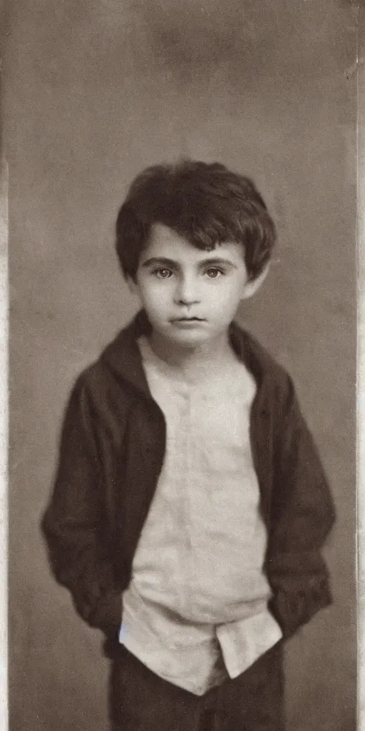 Prompt: Close-up portrait of a young boy looking at the camera, The boy has brown and curled hair, his eyes are just two black dots. The boy is wearing a white pajamas with long sleeves. Dark bright effect. The background is dark and a beam of light illuminates the boy. By John Singer Sargent, Albert Bierstadt, Ernst Haeckel, James Jean. Emotional, cinematic atmospheric, moody atmosphere, oil on canvas, artstation