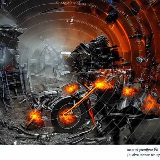 Image similar to bicycle mecha, dark messy smoke - filled cluttered workshop, dark, dramatic lighting, orange tint, sparks, cinematic, highly detailed, sci - fi, futuristic, movie still