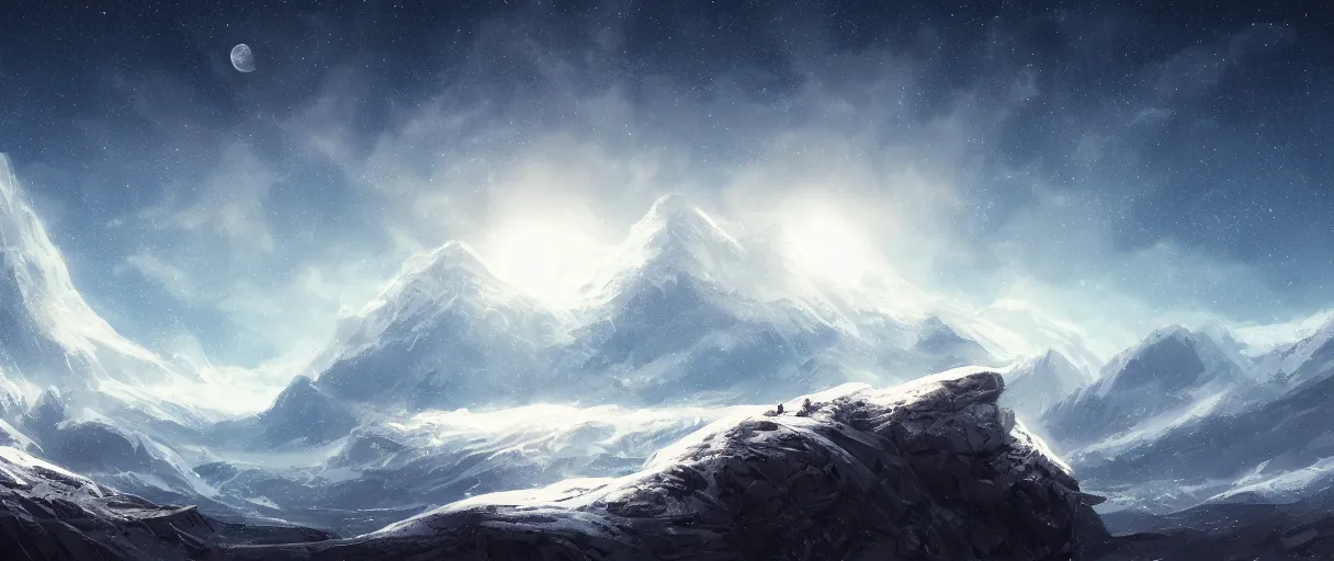 Prompt: snowy mountain range, stars in sky, whales flying in clouds, digital painting, concept art, high detail, style of Jordan Grimmer, fluffy calm clouds, matte painting, high res, moon shine, volumetric, starry sky