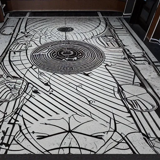 Image similar to art nouveau floor pattern, solar system, scifi inspired, foundation, thin lines, black and white by paul chadeisson, greg rutkowski