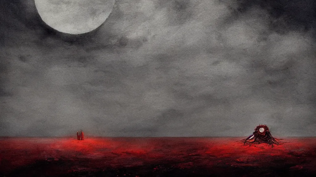 Image similar to the unknown place beyond the sea, ethereal world of dead oceans and burning mountains, under a pale dead moon, reds and blues and greys, a lifeless dried husk of a world, folk horror, dramatic dark eerie lighting, horrific surreal nightmare, 8k resolution artwork, horror art, eerie, creepy, trending on artstation, painting, elaborate excellent painted illustration, smooth, sharp focus