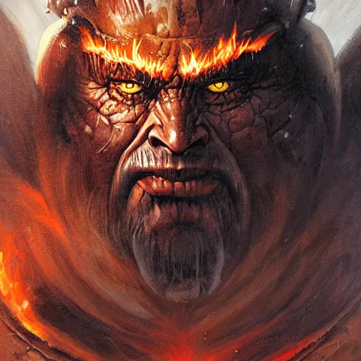 Image similar to head and shoulders portrait of a flamimg helmed fire giant, d & d, fantasy, greg rutkowski, frank frazetta, alexandre chaudret, boris vallejo, michael whelan, miro petrov, hr giger, magali villeneuve, donato giancola