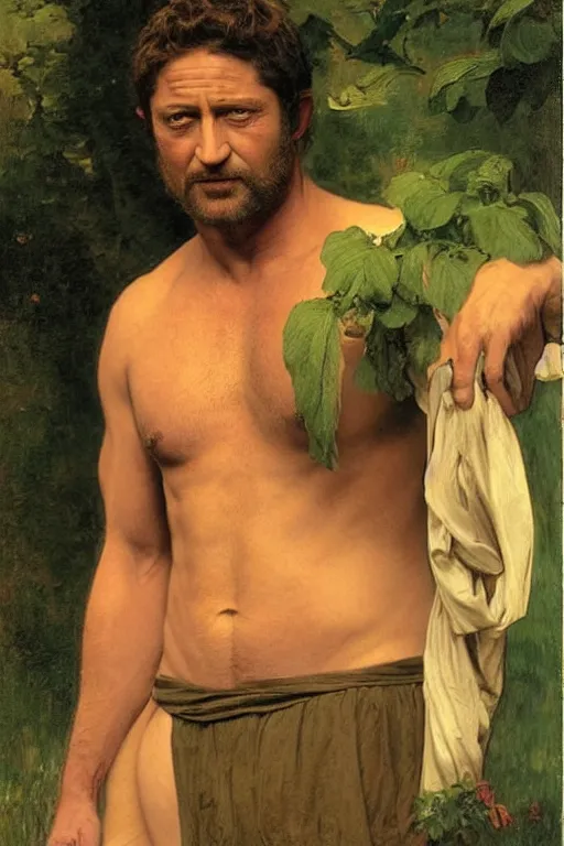 Prompt: actor gerard butler, by bouguereau and gauguin