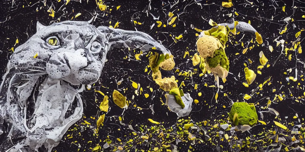 Image similar to abstract composition representing a panther created by a mixture of pistachio ice cream, black marble, dandelions and coca cola being thrown around by centrifugal forces, brilliant museum sculpture, award winning photo, 4k