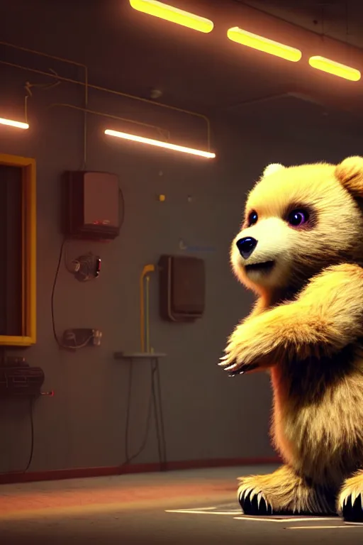 Image similar to high quality 3 d render very cute fluffy cyborg bear! plays electric guitar, cyberpunk highly detailed, unreal engine cinematic smooth, in the style of blade runner & detective pikachu, hannah yata charlie immer, moody light, low angle, uhd 8 k, sharp focus