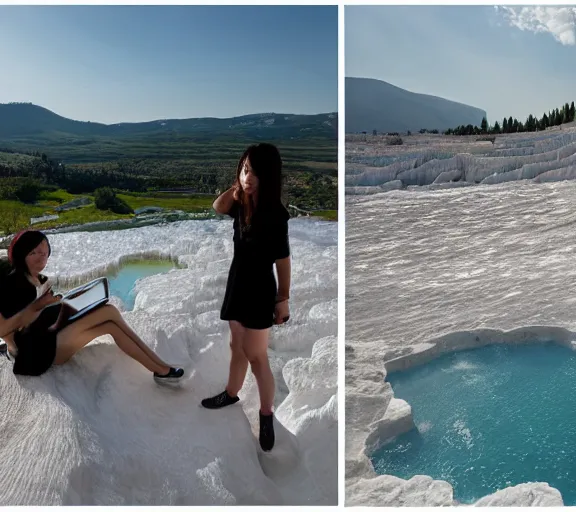 Image similar to Lee Jin-Eun hacking a laptop at Pamukkale, thermal waters flowing down white travertine terraces by Martine Johanna, rule of thirds, seductive look, beautiful