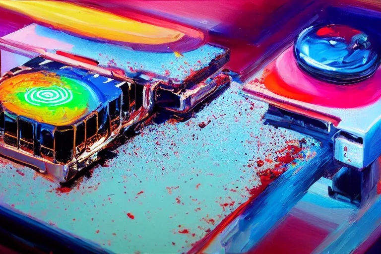 Prompt: a painting by Wayne Thiebaud of an Nvidia GeForce RTX 3090 GPU that has caught on fire, GeForce RTX 3090 on fire, cooling, high specs, ethereal!!!!!!!, by Wayne Thiebaud, neon gradient, nvidia promotional image