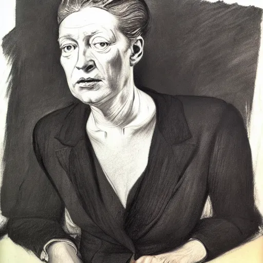 Prompt: charcoal drawing portrait of a woman in suit by lucian freud, jenny saville, rembrandt and raphael and edward hopper