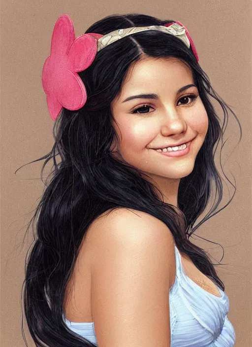 Prompt: beautiful thirty year old woman with long black hair, tan skin, curvy hourglass figure, round cute face, slight resemblance to selena gomez and vanessa hudgens wearing a frilly disney princess dress and a mickey mouse ears headband. she has a friendly wide eyed smile. beautiful painting by artgerm and greg rutkowski lois van baarle and bouguereau