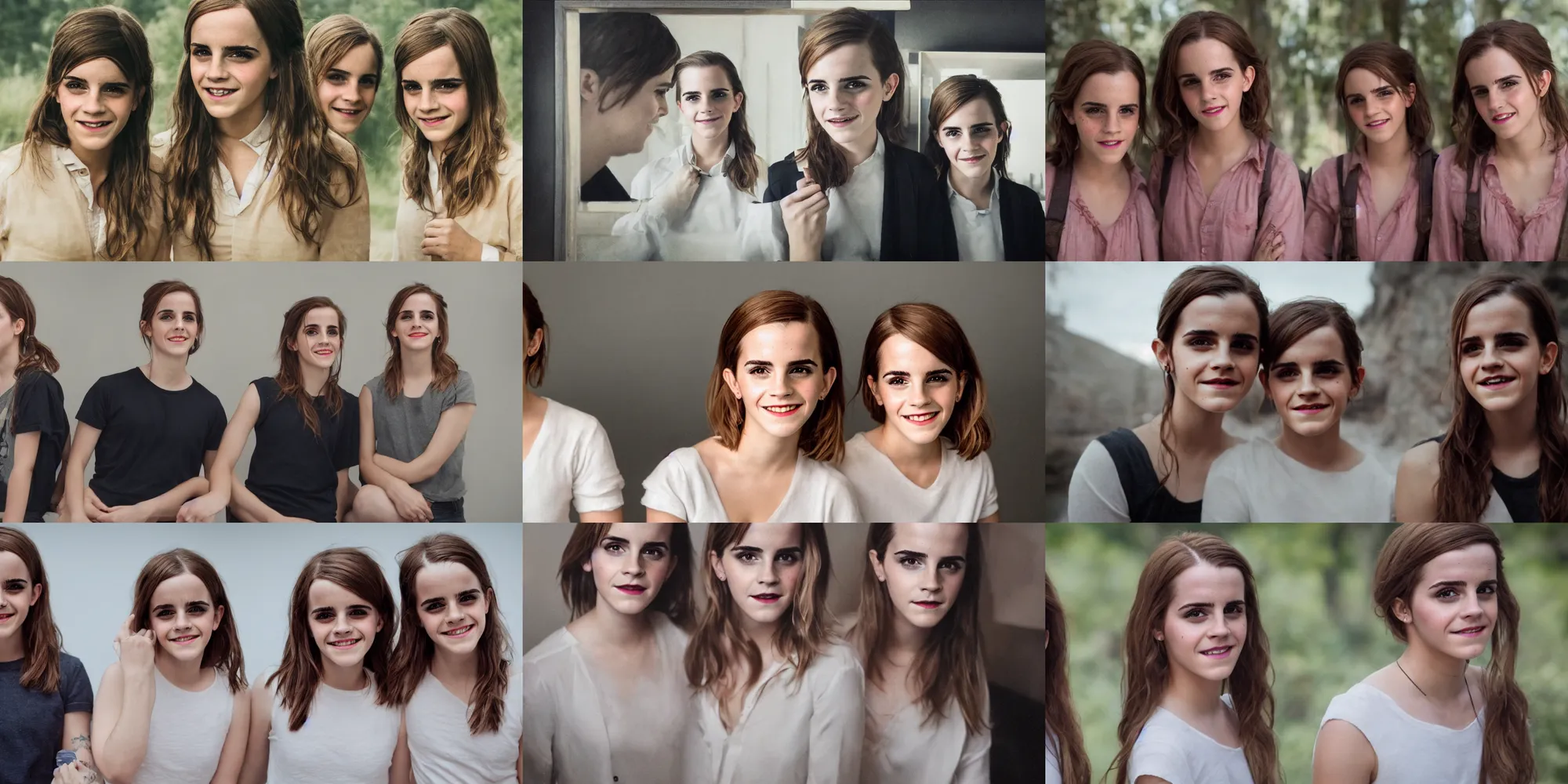 Prompt: portrait emma watson identical twins smiling greg rutkowski james gurney blackmagic ursa mini pro 1 2 k