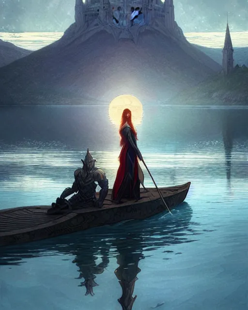 Image similar to excalibur in the middle of a lake under a giant full moon, rippling reflections, romantic, cinematic, intricate, elegant, highly detailed, artstation, concept art, smooth, sharp focus, art by artgerm and greg rutkowski and alphonse mucha, masterpiece.