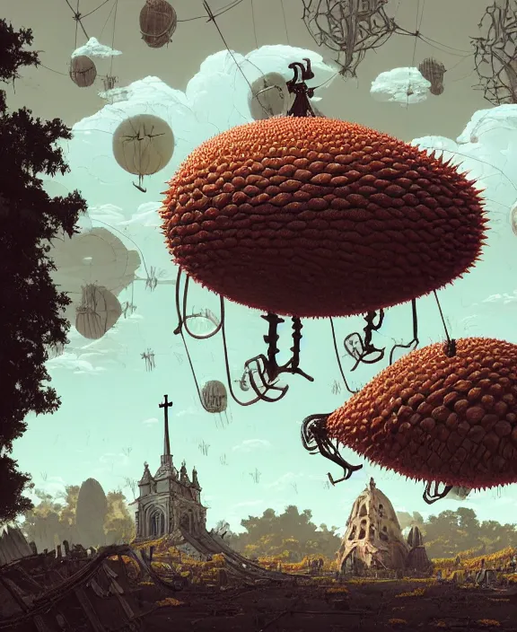 Image similar to inflated church made from obese urchin spider mollusks, in the style of a puffy spaceship, skeletons, partly cloudy, spooky, dramatic lighting, by geof darrow, bill sienkiewicz, dan mumford, yusuke murata, makoto shinkai, ross tran, cinematic, unreal engine, cel shaded, featured on artstation, pixiv