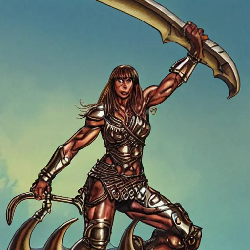 Image similar to a muscular bronze - skinned silver - eyed woman warrior wearing xena armor, holding a sword aloft, riding a flying dinosaur, highly detailed, ron cobb, moebius, heavy metal magazine, mike mignola, trending on art station, illustration, comic book