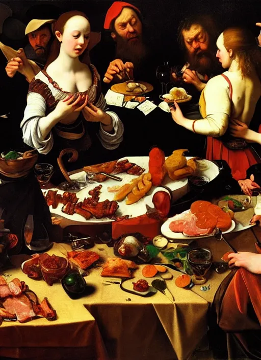 Image similar to bacon party in the style of a renaissance painting, insane detail, chiaroscuro oil painting, jan matejko, caravaggio, jan van eyck, gustave courbet, edward hopper, trending on artstation, artgerm