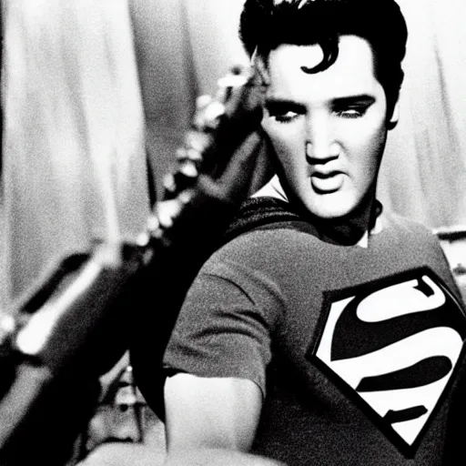 Prompt: elvis starring in batman vs. superman ( 2 0 1 6 ) 3 5 mm production photo