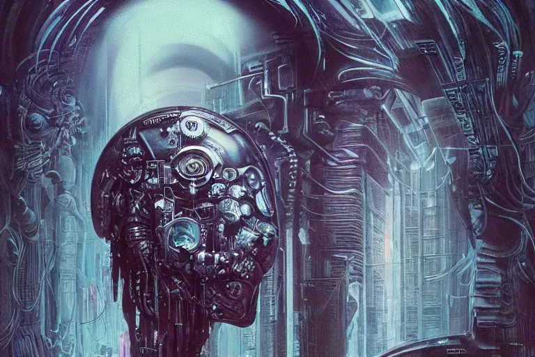 Image similar to highly detailed concept art of neuromancer characters, dystopian post - apocalyptic retrofuturistic neon vibe, an ultrafine detailed painting by hans giger and wayne barlowe, trending on deviantart, pop surrealism, whimsical, lowbrow, perfect symmetrical face, sharp focus, octane, masterpiece