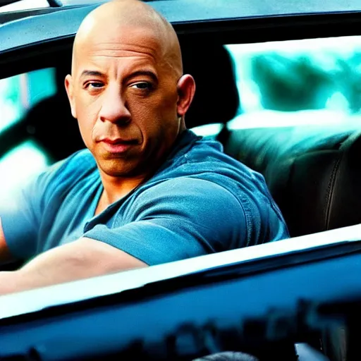 Image similar to vin diesel driving a children toy car, action movie, realistic, hd, 8 k, cinematic, car chase