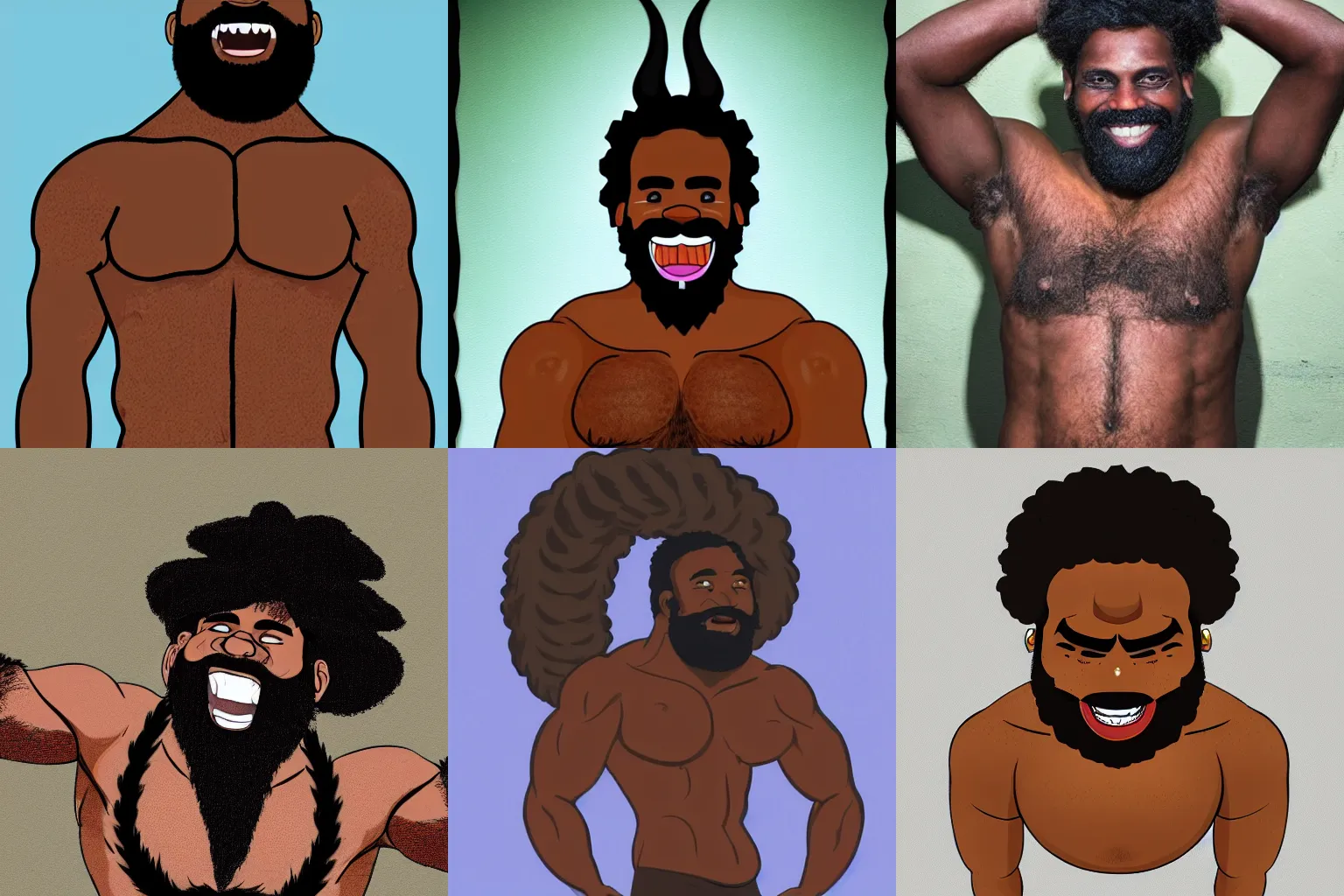 Prompt: brown skin man with a giant grin, thick black beard, wild black hair, huge horns on the top of his head. he is a cannibal king. bulging muscles, very hairy torso. mspaint. very simple. strong colours.