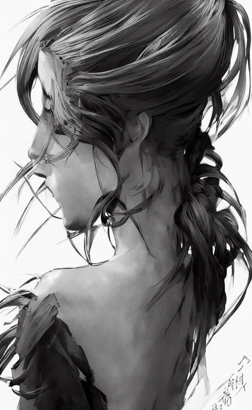 Image similar to hairstyle elegant and long, character's back is to us completely, pinterest hair picture, back of the hair, In style of Yoji Shinkawa, krenz cushart, Greg Rutkowski, highly detailed