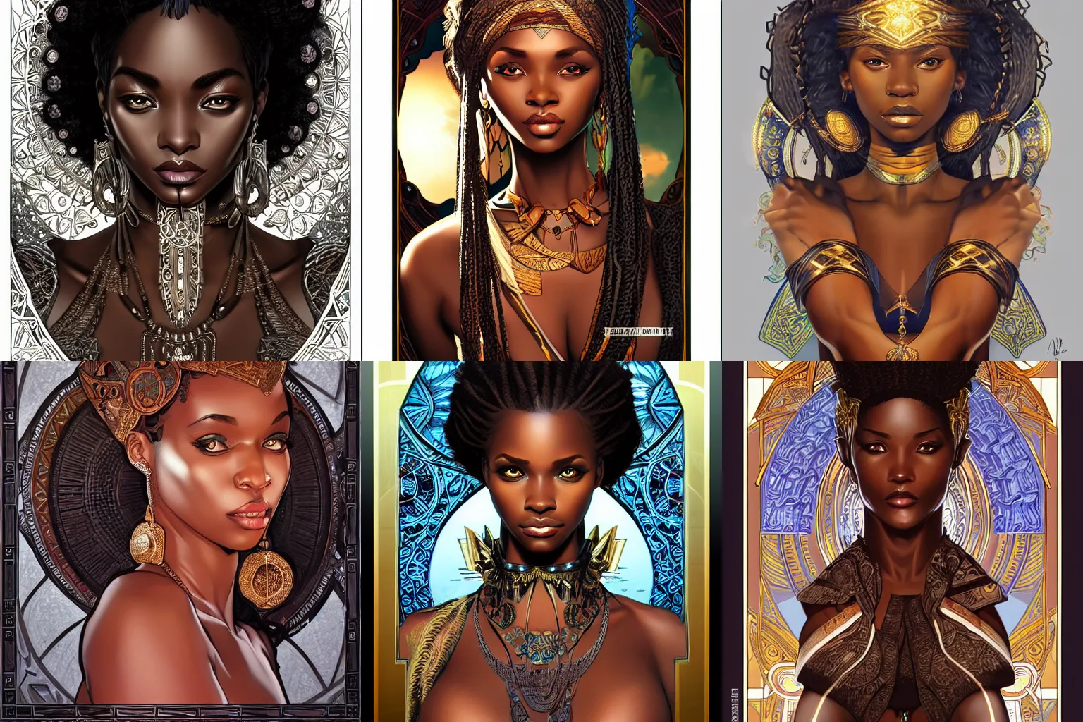 Prompt: black african princess, symmetric, highly detailed, concept art, intricate, sharp focus, illustration, alexandros pyromallis, rutkowski, artgerm, alphonse mucha