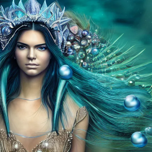 Image similar to kendall jenner portrait, fantasy, mermaid, hyperrealistic, game character, underwater, highly detailed, sharp focus, cinematic lighting, pearls, glowing hair, shells, gills, crown, water, highlights, starfish, jewelry, realistic, digital art, pastel, magic, fiction, ocean, king, colorful hair, sparkly eyes, fish, heroic, goddess, waves, bubbles, queen