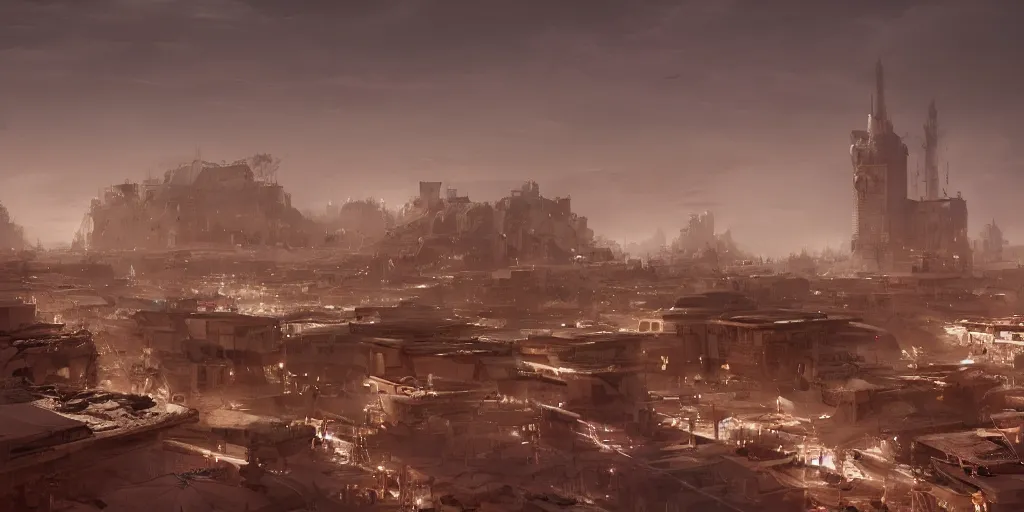 Image similar to Futuristic marrakech , beautiful dynamic lighting, cinematic, wide angle establishing shot, extremely high detail, photo realistic, cinematic lighting, post processed, concept art, artstation, matte painting, style by eddie mendoza, raphael lacoste, alex ross, volumetric lighting, light rays, photorealistic, ultrarealistic, moody, coronarender, 8k