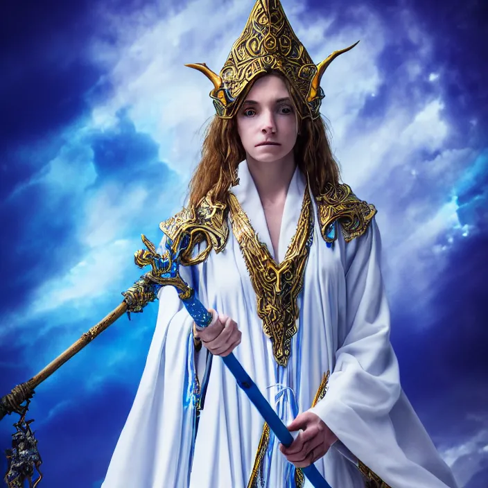 Prompt: photograph of a real - life beautiful elemental sky witch with ornate white and blue robes and staff. extremely detailed. 8 k