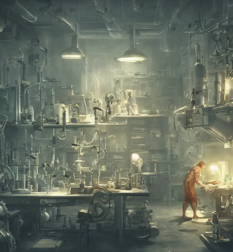 Prompt: a scientists in his lab while bodybuilding unreal render cinematic lighting art by bussiere rutkowski andreas rocha