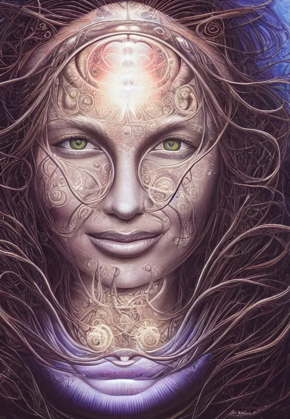 Image similar to perfectly centered portrait front view of a beautiful biomechanical moon goddess, flowing hair, intense stare, sweet smile, symmetrical, concept art, intricate detail, volumetric shadows and lighting, realistic oil painting by alex grey,