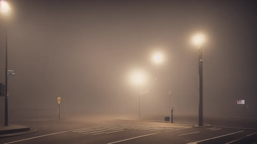 Prompt: photograph of a foggy intersection with a traffic light in a city at night by henri prestes, 4 k resolution