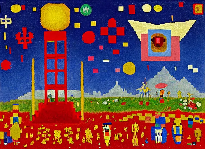 Image similar to pixel decollage painting tarot lovers card composition tower of babel road red armor maggot bear and wonky vampire clown knight on a skeleton horse in a dark red cloudy night sky with golden foil jewish stars and diamonds, mountain lake and blossoming field in background, painted by Mark Rothko, Helen Frankenthaler, Danny Fox and Hilma af Klint, pixelated, neo expressionism, semi naive, pastel colors, cinematic, color field painting, cave painting, voxel, pop art look, outsider art, minimalistic. Bill Traylor painting, part by Philip Guston, Amano and Francis Bacon. art by Adrian Ghenie and Storm Thorgerson, very coherent symmetrical artwork, cinematic, hyper realism, high detail, octane render, unreal engine, Smooth gradients, depth of field, full body character drawing, extremely detailed, 8k, extreme detail, intricate detail, masterpiece