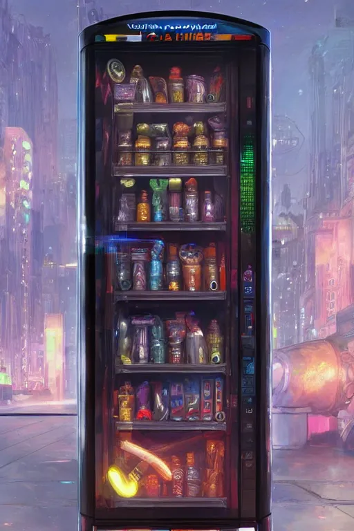 Prompt: futuristic vending machine with magic potions inside, highly detailed, 8k, rim lighting, digital painting, artstation , concept art, sharp focus, illustration, art by greg rutkowski and alphonse mucha