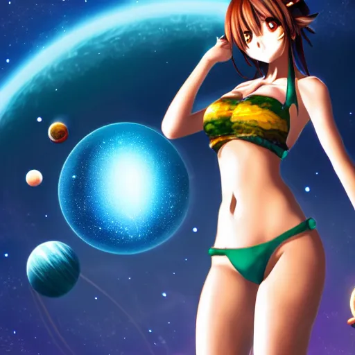 Prompt: An anime girl in bikini holding and terraforming a planet on her hands, unfocused background milkyway galaxy stars universe, wide-shot, high detail, 4k, digital art, artstation, 8k, very detailed