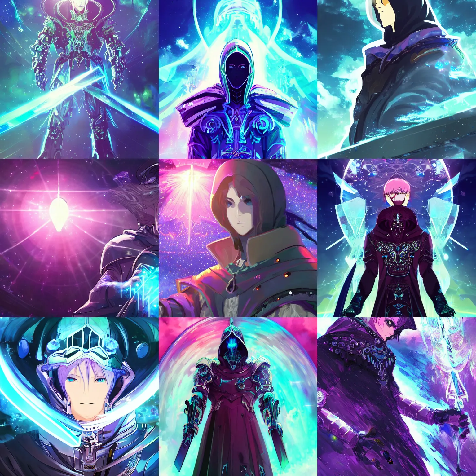 Prompt: planet - destroying ominous hooded omnipotent beautiful king god hovering in space with iridescent gothic crystal sword and intricate dark cybernetic biomechanical armor colorful gems vibrant dynamic portrait animation by makoto shinkai