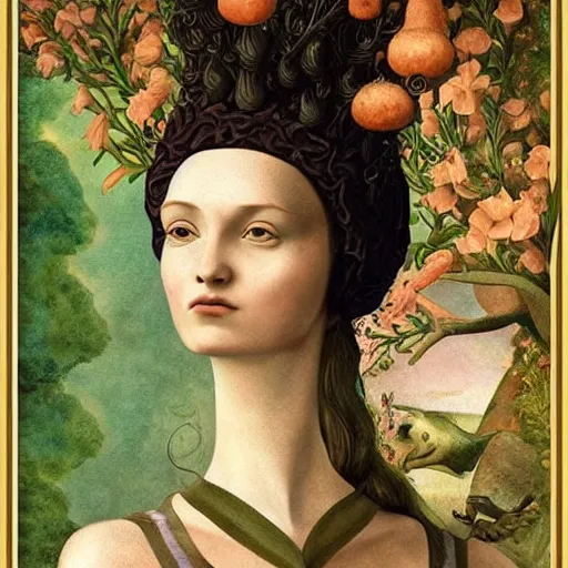 Prompt: a detailed portrait of young woman in renaissance dress and a surreal renaissance headdress, very surreal garden, strange creatures, by christian schloe and botticelli, naotto hattori, amy sol