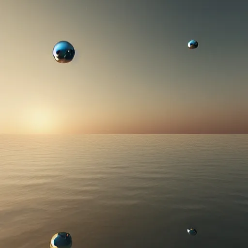 Prompt: smooth reflective chrome spheres floating above a peaceful calm blue ocean landscape, ambient, retro, abstract, surrealism, ray tracing, volumetric light, digital art