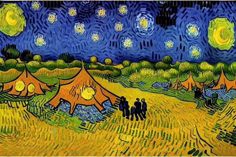 Image similar to van gogh painting of a campsite with bonfire