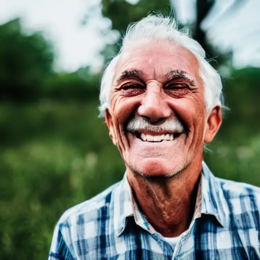 Image similar to a smiling old man seen standing in a hole